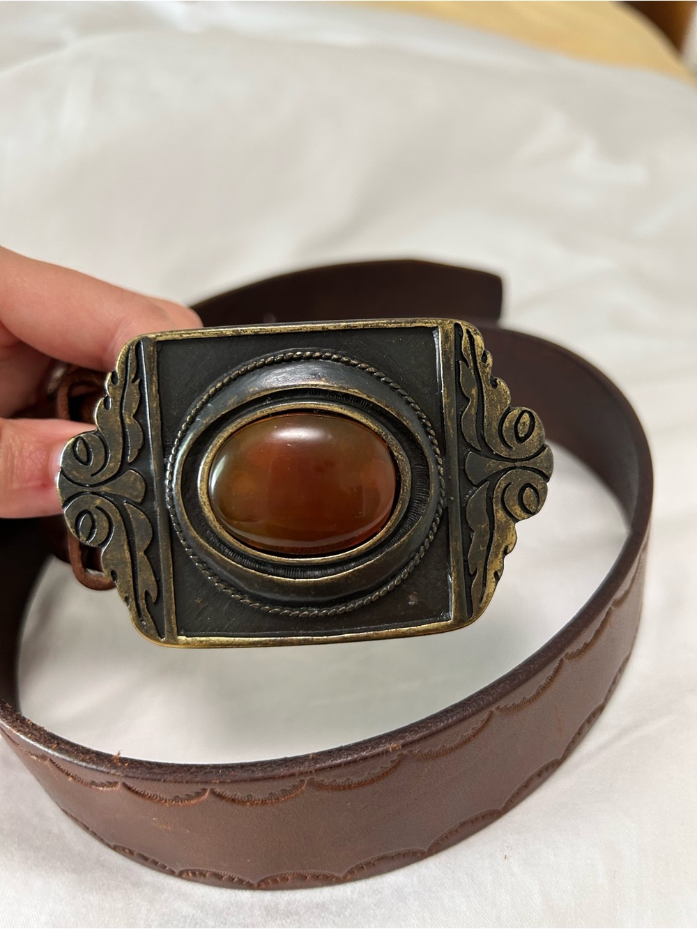 Vintage-Inspired Brown Leather Belt with Ornate Brass Buckle and Amber Stone